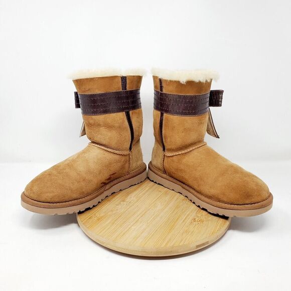 UGG Josette Boots Womens 5 Chestnut Brown Suede Shearling Bow Trim - Picture 6 of 14